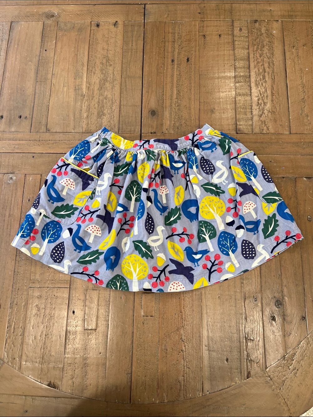 Mini Boden fall woodland print corduroy skirt 6-7 years birds mushroom acorns